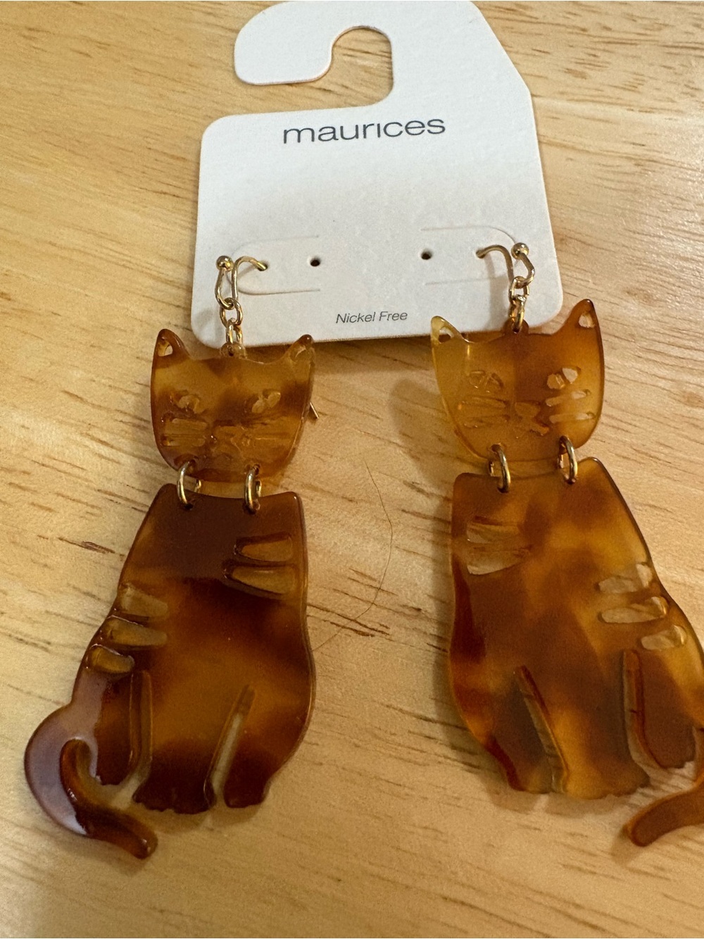 maurices Brown Tortoiseshell Cat Dangle Earrings 2 inch long BN
